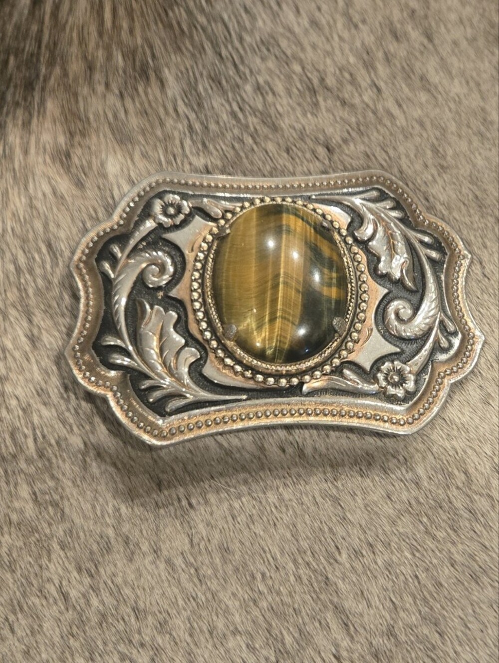 Oval Tiger's Eye Statement Belt Buckle - Silver Tone Floral Design